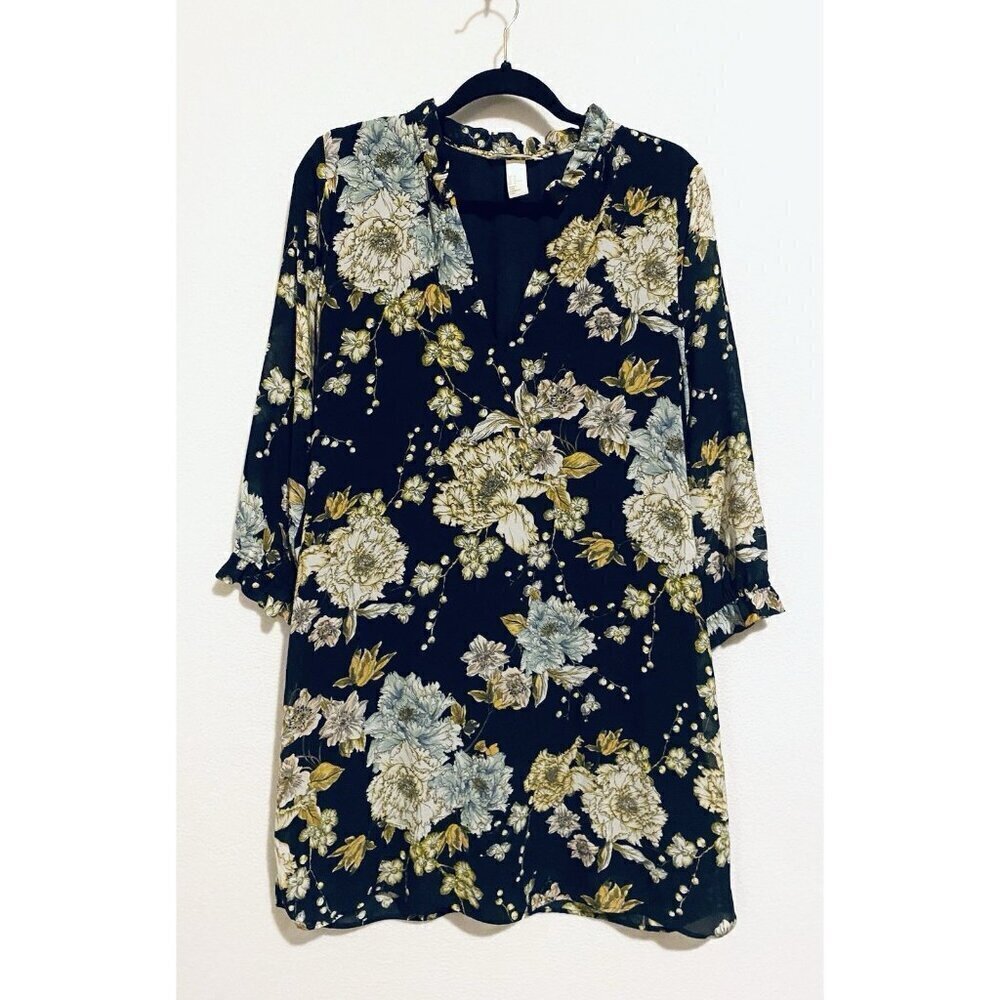 H and M Dress Womens 14 Blue Floral 3/4 Sleeve V Neck Ruffle Collar Cottagecore